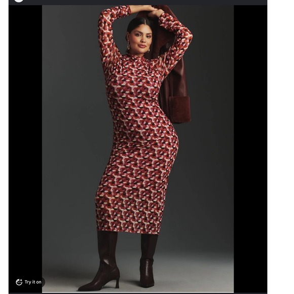 Anthropologie Dresses & Skirts - Anthropologie Mesh Geometric Honeycomb Mock Neck Midi Dress Red Pink XL